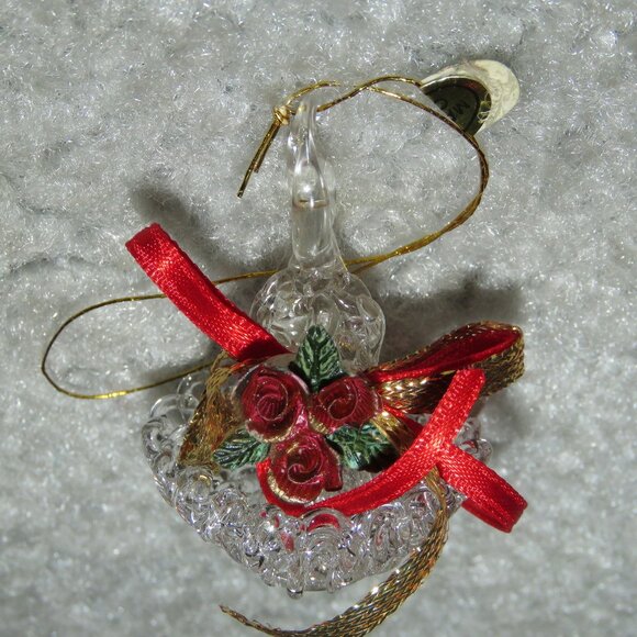 Vintage Clear Glass Holiday Christmas Candle Ornament w/Handle Red Roses Ribbon - Picture 1 of 16